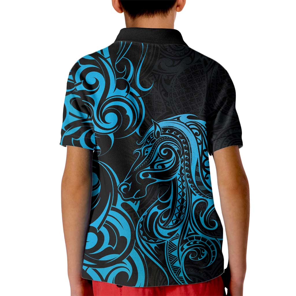 Blue Aoteara Horse Racing Kid Polo Shirt NZ Maori Pattern