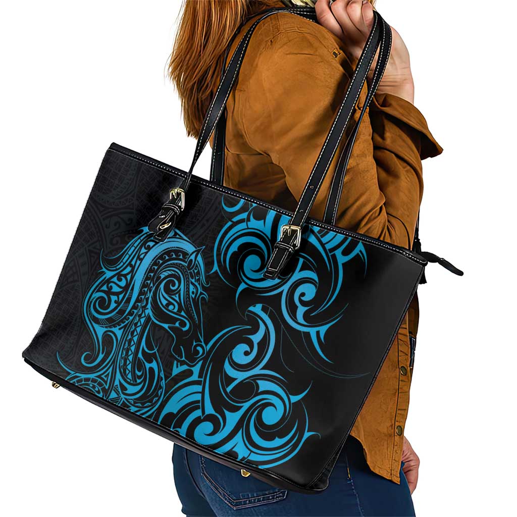 Blue Aoteara Horse Racing Leather Tote Bag NZ Maori Pattern