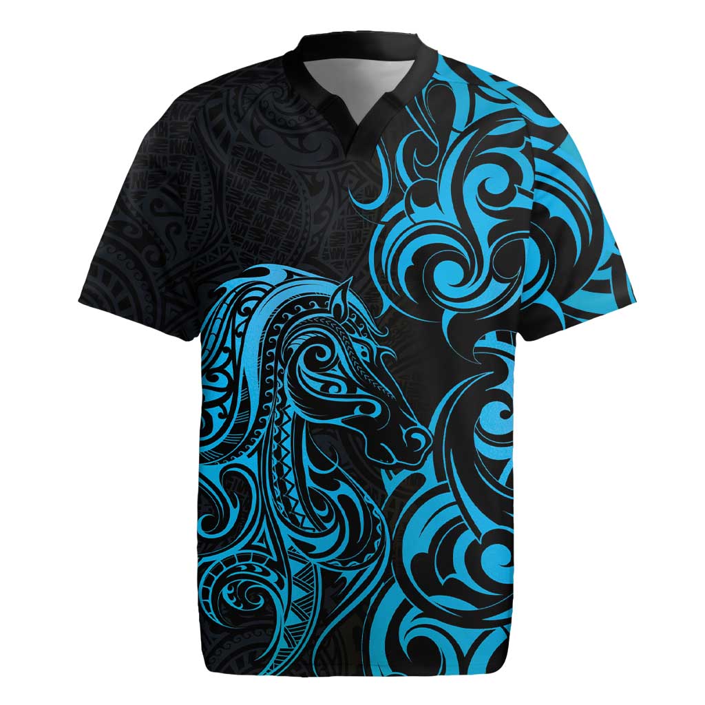 Blue Aoteara Horse Racing Rugby Jersey NZ Maori Pattern