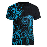 Blue Aotearoa Horse Racing Women V-Neck T-Shirt NZ Maori Pattern LT14 - Polynesian Pride