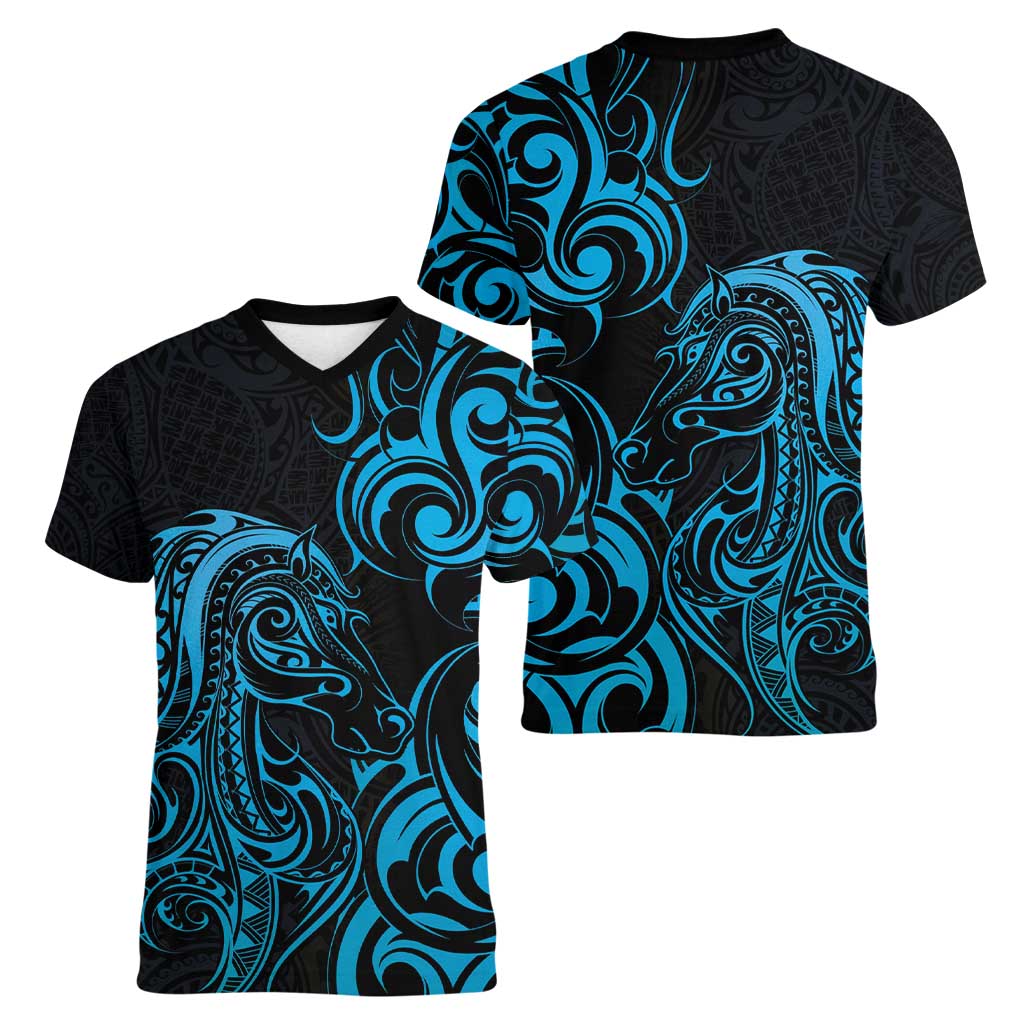 Blue Aotearoa Horse Racing Women V-Neck T-Shirt NZ Maori Pattern LT14 - Polynesian Pride