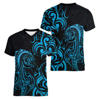 Blue Aotearoa Horse Racing Women V-Neck T-Shirt NZ Maori Pattern LT14 - Polynesian Pride