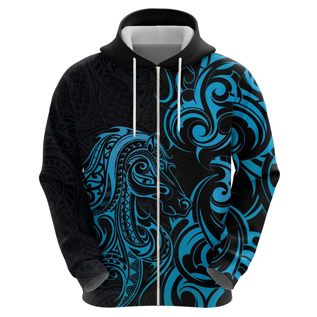 Blue Aoteara Horse Racing Zip Hoodie NZ Maori Pattern