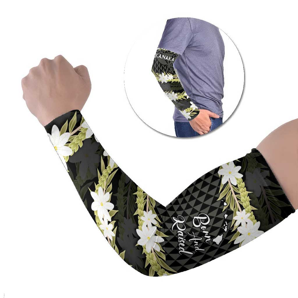 Born And Raised Aloha Hawaii Arm Sleeves Kanaka Kakau Hawaiian Tiare Pakalana Lei LT14 Set of 2 Black - Polynesian Pride