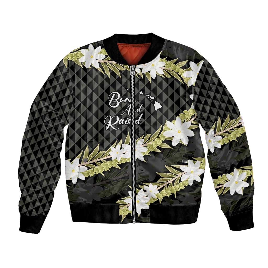 Born And Raised Aloha Hawaii Bomber Jacket Kanaka Kakau Hawaiian Tiare Pakalana Lei LT14 Unisex Black - Polynesian Pride