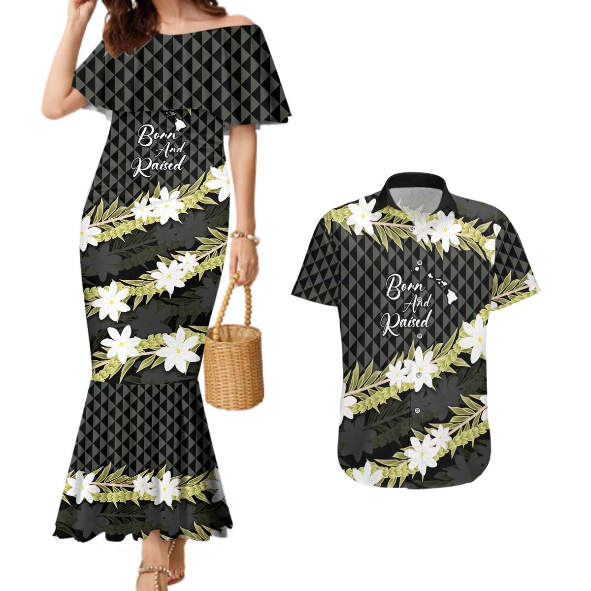 Born And Raised Aloha Hawaii Couples Matching Mermaid Dress and Hawaiian Shirt Kanaka Kakau Hawaiian Tiare Pakalana Lei - Polynesian Pride