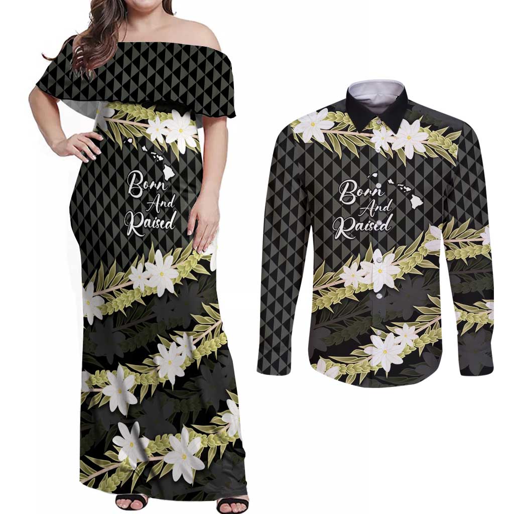 Born And Raised Aloha Hawaii Couples Matching Off Shoulder Maxi Dress and Long Sleeve Button Shirt Kanaka Kakau Hawaiian Tiare Pakalana Lei - Polynesian Pride