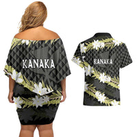 Born And Raised Aloha Hawaii Couples Matching Off Shoulder Short Dress and Hawaiian Shirt Kanaka Kakau Hawaiian Tiare Pakalana Lei - Polynesian Pride
