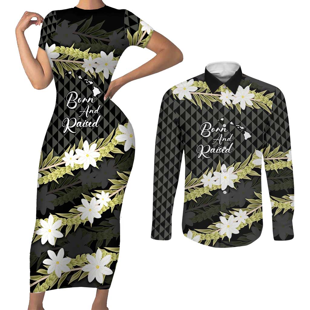 Born And Raised Aloha Hawaii Couples Matching Short Sleeve Bodycon Dress and Long Sleeve Button Shirt Kanaka Kakau Hawaiian Tiare Pakalana Lei - Polynesian Pride