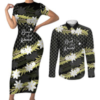 Born And Raised Aloha Hawaii Couples Matching Short Sleeve Bodycon Dress and Long Sleeve Button Shirt Kanaka Kakau Hawaiian Tiare Pakalana Lei - Polynesian Pride