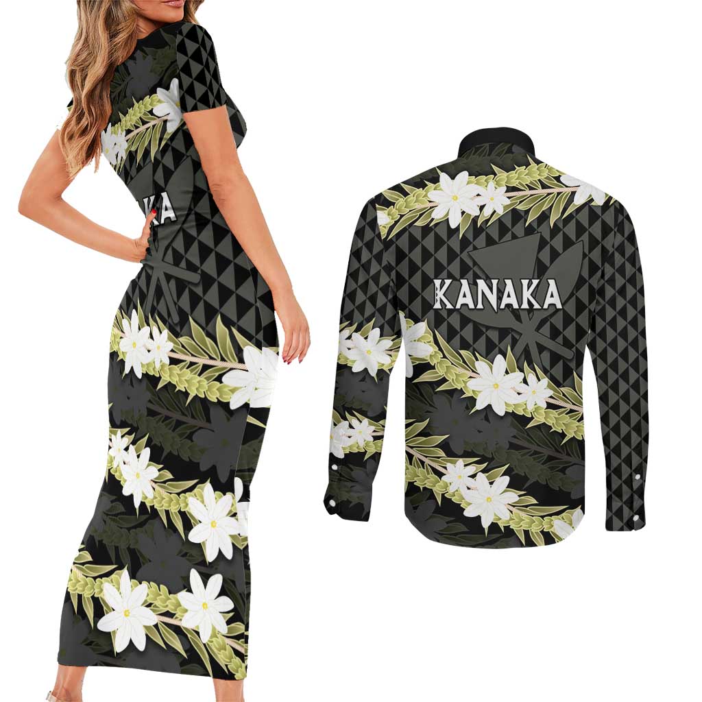 Born And Raised Aloha Hawaii Couples Matching Short Sleeve Bodycon Dress and Long Sleeve Button Shirt Kanaka Kakau Hawaiian Tiare Pakalana Lei - Polynesian Pride