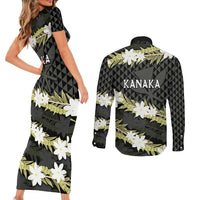 Born And Raised Aloha Hawaii Couples Matching Short Sleeve Bodycon Dress and Long Sleeve Button Shirt Kanaka Kakau Hawaiian Tiare Pakalana Lei - Polynesian Pride