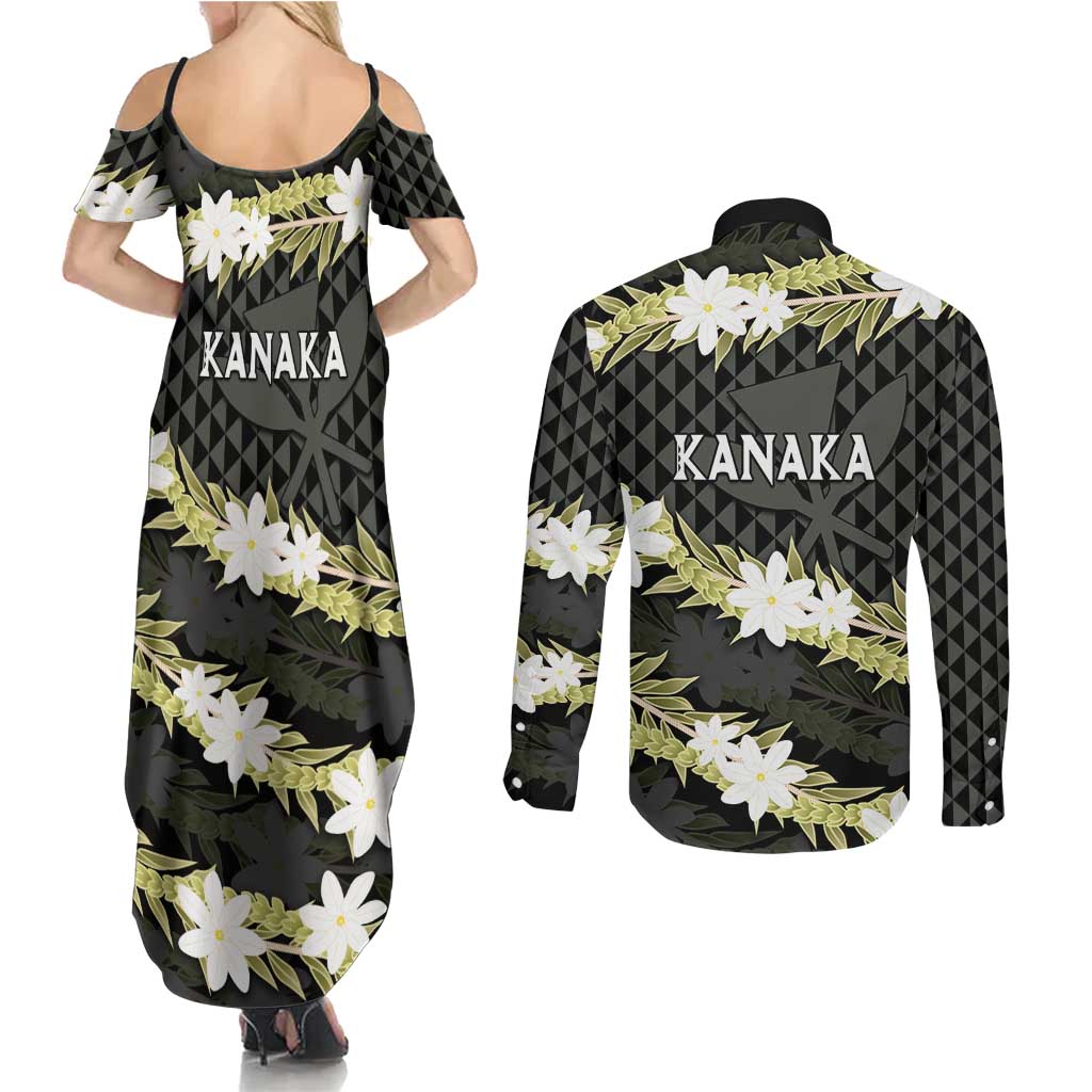 Born And Raised Aloha Hawaii Couples Matching Summer Maxi Dress and Long Sleeve Button Shirt Kanaka Kakau Hawaiian Tiare Pakalana Lei - Polynesian Pride