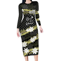 Born And Raised Aloha Hawaii Family Matching Long Sleeve Bodycon Dress and Hawaiian Shirt Kanaka Kakau Hawaiian Tiare Pakalana Lei LT14 Mom's Dress Black - Polynesian Pride