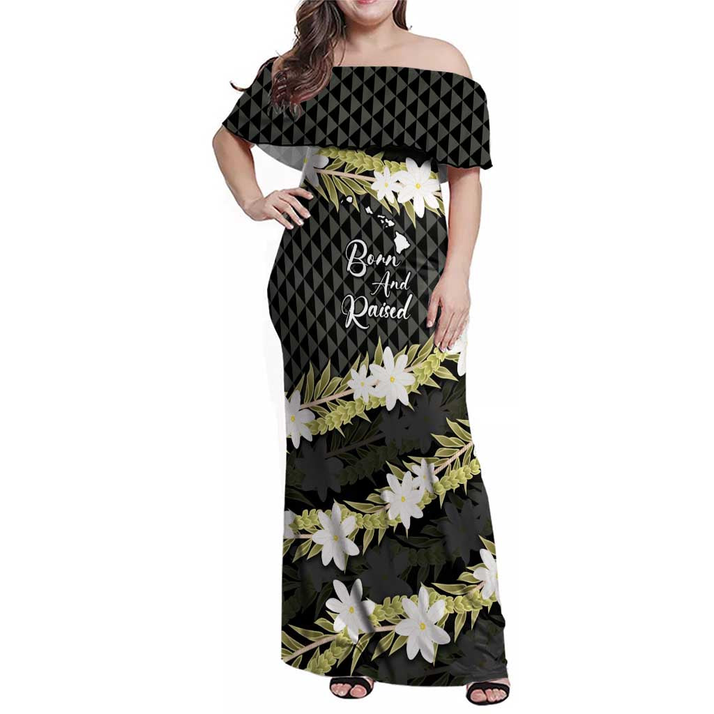 Born And Raised Aloha Hawaii Family Matching Off Shoulder Maxi Dress and Hawaiian Shirt Kanaka Kakau Hawaiian Tiare Pakalana Lei LT14 Mom's Dress Black - Polynesian Pride