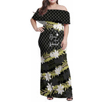 Born And Raised Aloha Hawaii Family Matching Off Shoulder Maxi Dress and Hawaiian Shirt Kanaka Kakau Hawaiian Tiare Pakalana Lei LT14 Mom's Dress Black - Polynesian Pride