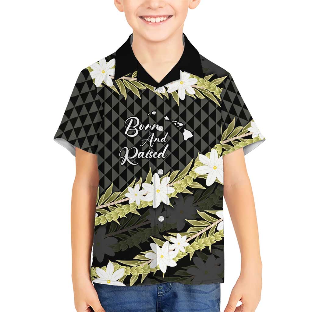 Born And Raised Aloha Hawaii Family Matching Off Shoulder Maxi Dress and Hawaiian Shirt Kanaka Kakau Hawaiian Tiare Pakalana Lei LT14 Son's Shirt Black - Polynesian Pride