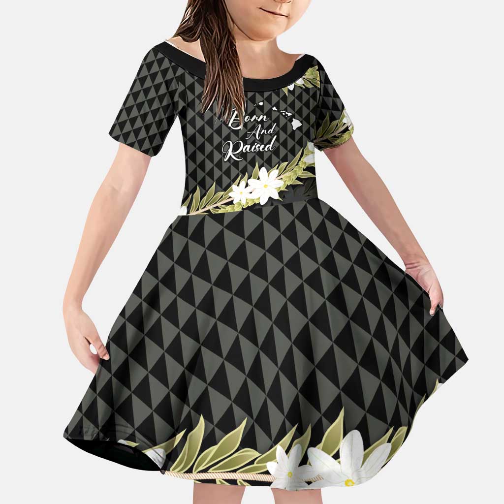 Born And Raised Aloha Hawaii Family Matching Short Sleeve Bodycon Dress and Hawaiian Shirt Kanaka Kakau Hawaiian Tiare Pakalana Lei LT14 Daughter's Dress Black - Polynesian Pride