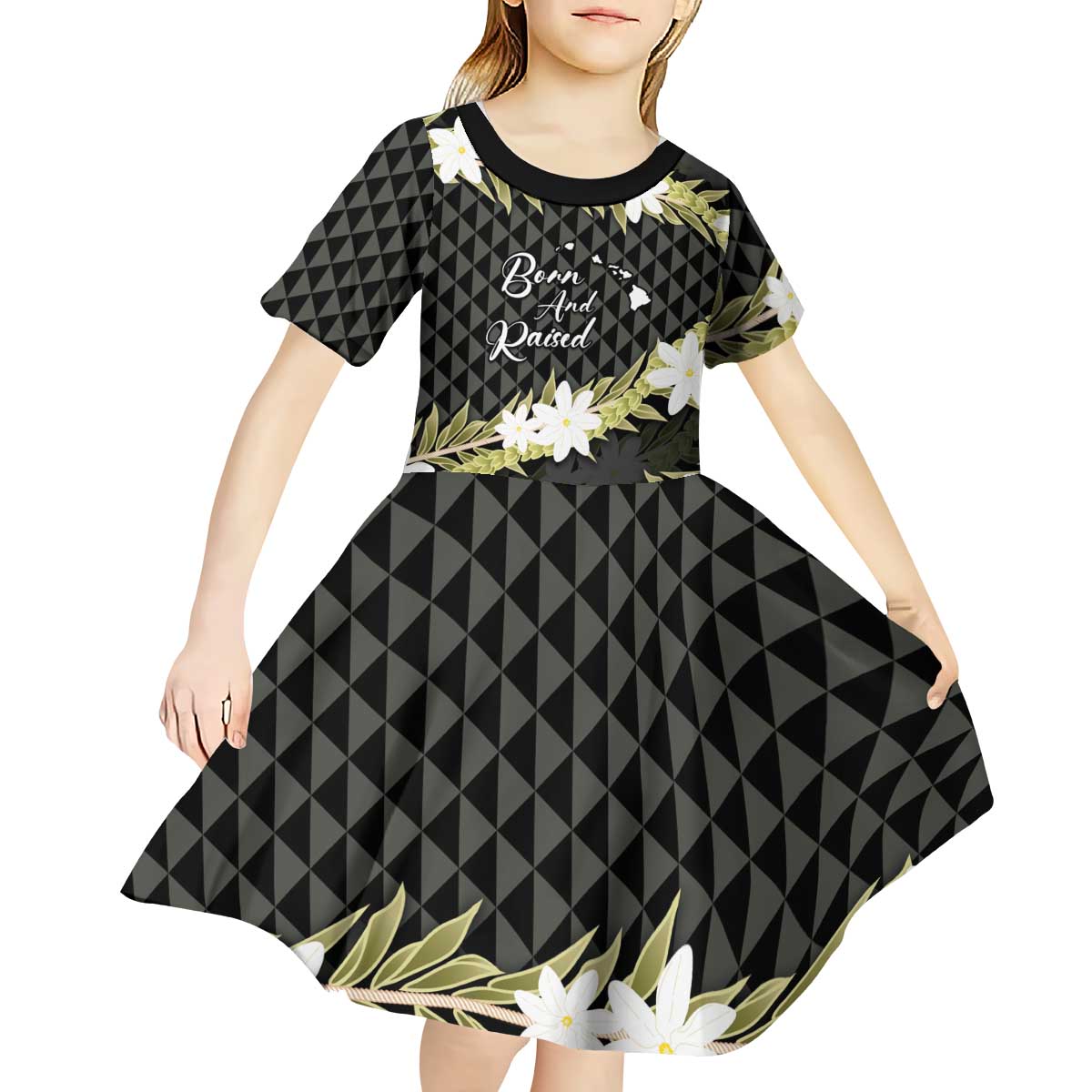 Born And Raised Aloha Hawaii Kid Short Sleeve Dress Kanaka Kakau Hawaiian Tiare Pakalana Lei - Polynesian Pride