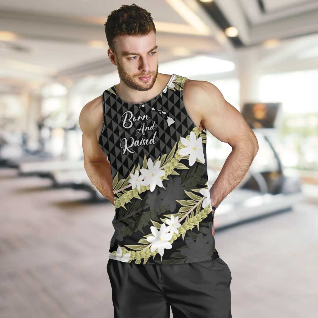 Born And Raised Aloha Hawaii Men Tank Top Kanaka Kakau Hawaiian Tiare Pakalana Lei LT14 Black - Polynesian Pride