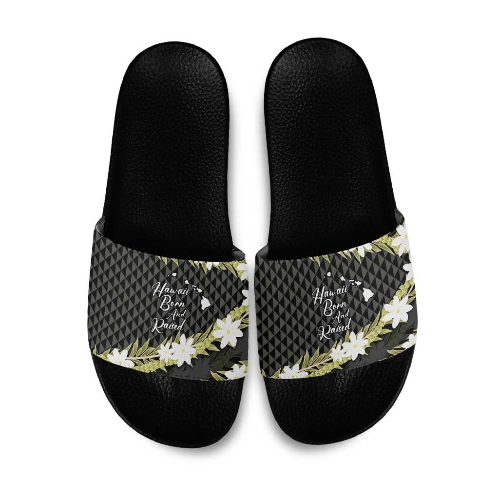 Born And Raised Aloha Hawaii Slide Sandals Kanaka Kakau Hawaiian Tiare Pakalana Lei LT14 Black - Polynesian Pride