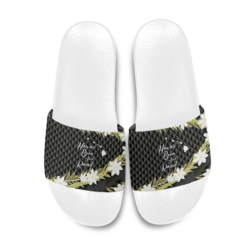Born And Raised Aloha Hawaii Slide Sandals Kanaka Kakau Hawaiian Tiare Pakalana Lei LT14 Black - Polynesian Pride