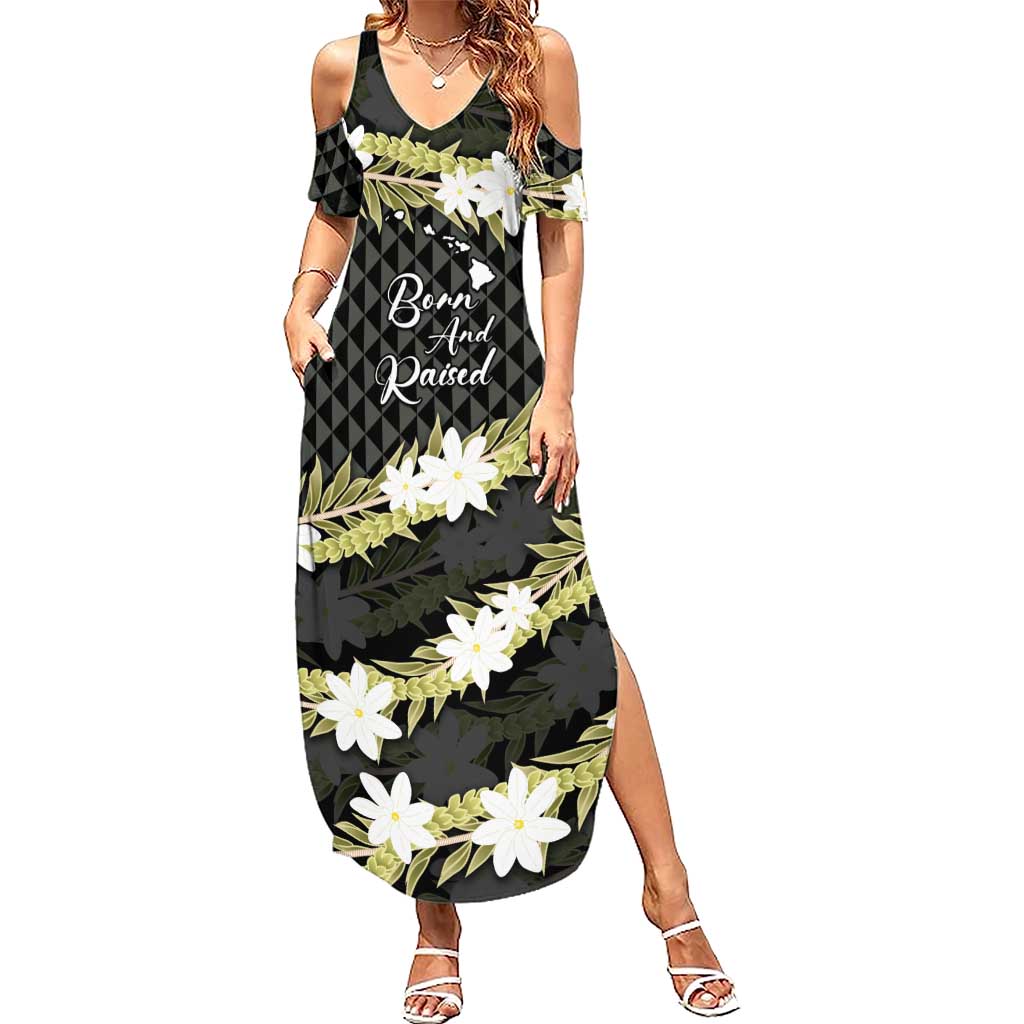 Born And Raised Aloha Hawaii Summer Maxi Dress Kanaka Kakau Hawaiian Tiare Pakalana Lei - Polynesian Pride