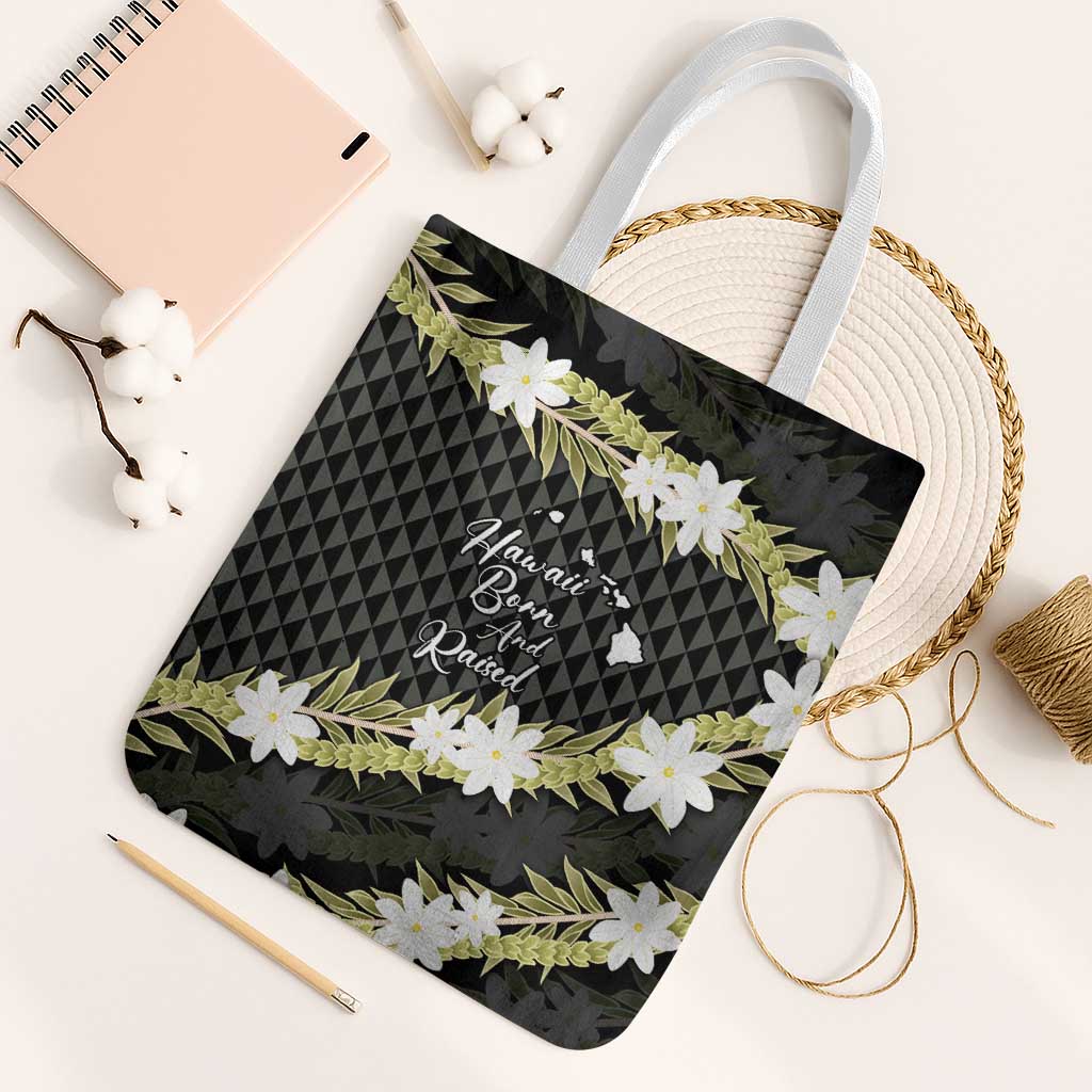 Born And Raised Aloha Hawaii Tote Bag Kanaka Kakau Hawaiian Tiare Pakalana Lei LT14 White Strap One Size Black - Polynesian Pride