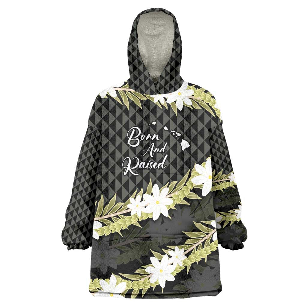 Born And Raised Aloha Hawaii Wearable Blanket Hoodie Kanaka Kakau Hawaiian Tiare Pakalana Lei LT14 One Size Black - Polynesian Pride