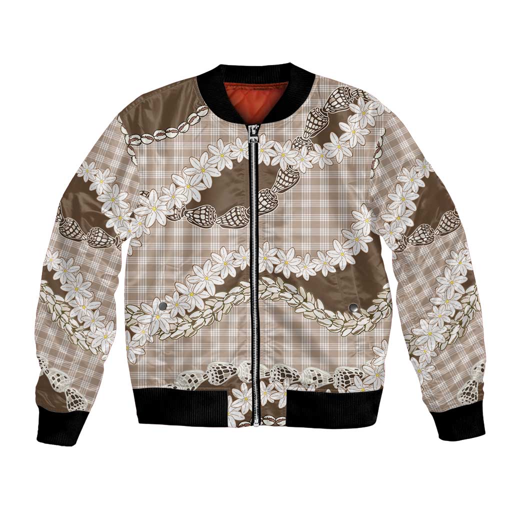 Brown Hawaii Tiare and Shell Lei Bomber Jacket Hawaiian Palaka Luxury Vibes LT14 Unisex Brown - Polynesian Pride
