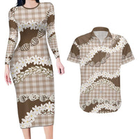 Brown Hawaii Tiare and Shell Lei Couples Matching Long Sleeve Bodycon Dress and Hawaiian Shirt Hawaiian Palaka Luxury Vibes - Polynesian Pride