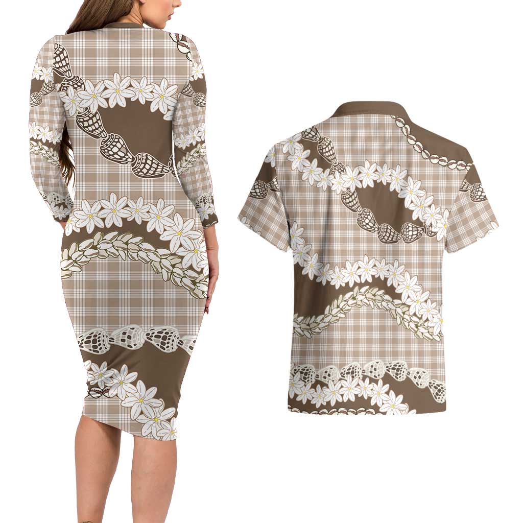 Brown Hawaii Tiare and Shell Lei Couples Matching Long Sleeve Bodycon Dress and Hawaiian Shirt Hawaiian Palaka Luxury Vibes - Polynesian Pride