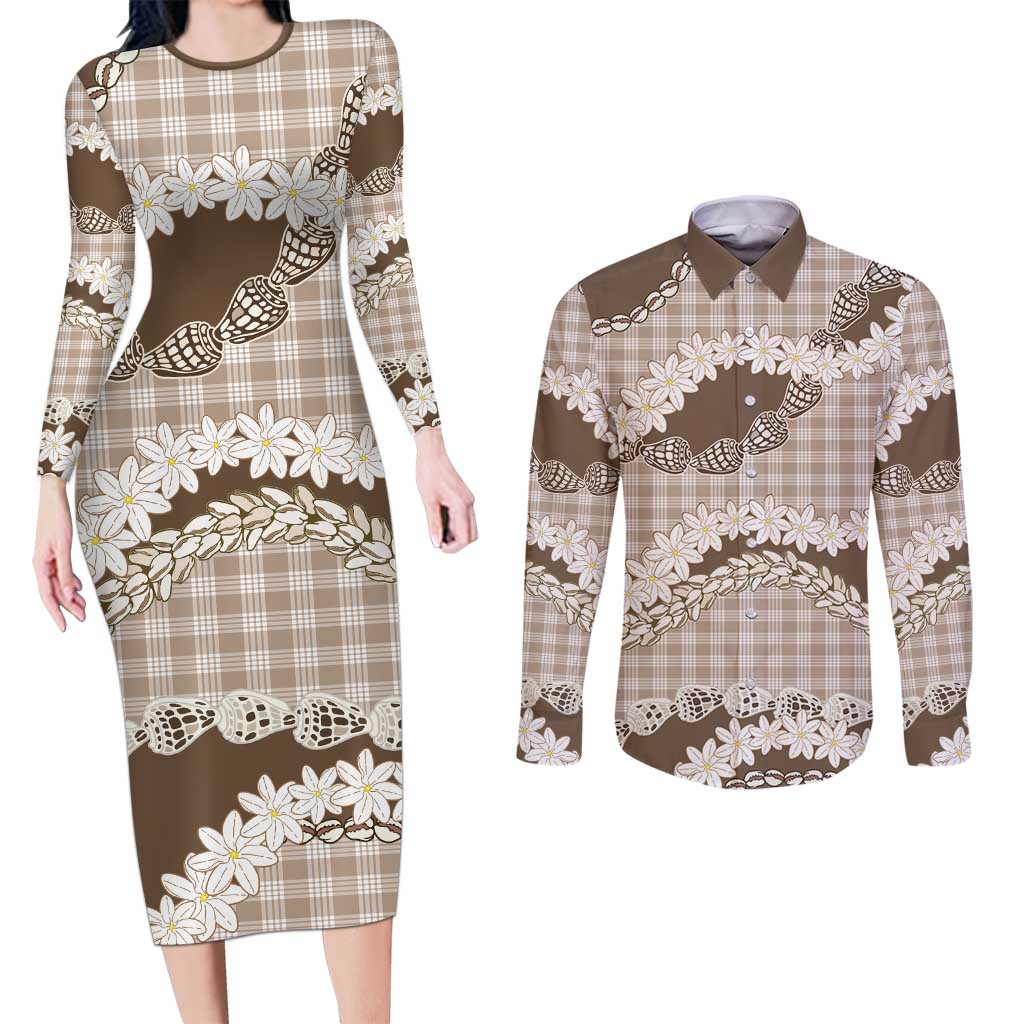 Brown Hawaii Tiare and Shell Lei Couples Matching Long Sleeve Bodycon Dress and Long Sleeve Button Shirt Hawaiian Palaka Luxury Vibes LT14 Brown - Polynesian Pride