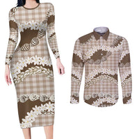 Brown Hawaii Tiare and Shell Lei Couples Matching Long Sleeve Bodycon Dress and Long Sleeve Button Shirt Hawaiian Palaka Luxury Vibes LT14 Brown - Polynesian Pride