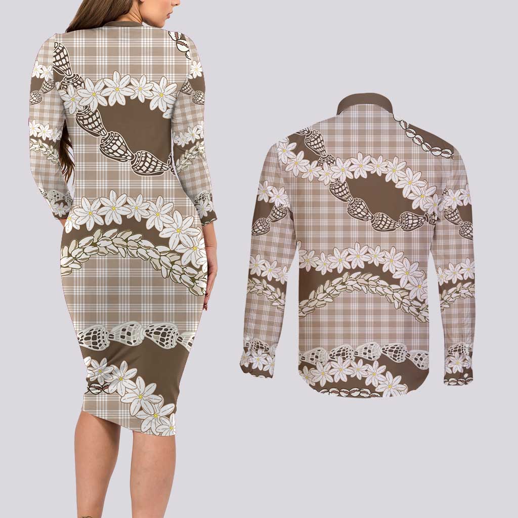 Brown Hawaii Tiare and Shell Lei Couples Matching Long Sleeve Bodycon Dress and Long Sleeve Button Shirt Hawaiian Palaka Luxury Vibes LT14 - Polynesian Pride
