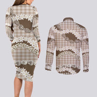 Brown Hawaii Tiare and Shell Lei Couples Matching Long Sleeve Bodycon Dress and Long Sleeve Button Shirt Hawaiian Palaka Luxury Vibes LT14 - Polynesian Pride