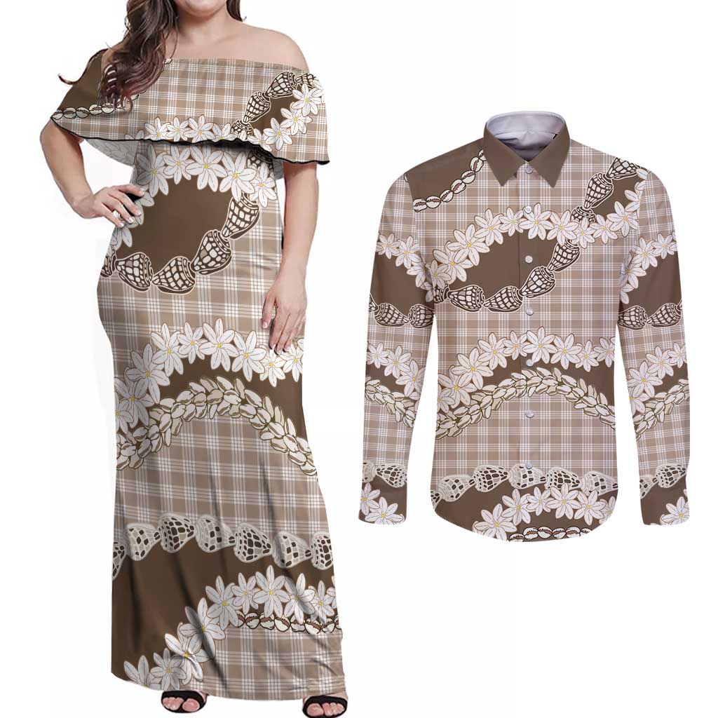 Brown Hawaii Tiare and Shell Lei Couples Matching Off Shoulder Maxi Dress and Long Sleeve Button Shirt Hawaiian Palaka Luxury Vibes LT14 Brown - Polynesian Pride