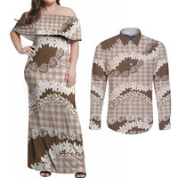 Brown Hawaii Tiare and Shell Lei Couples Matching Off Shoulder Maxi Dress and Long Sleeve Button Shirt Hawaiian Palaka Luxury Vibes LT14 Brown - Polynesian Pride