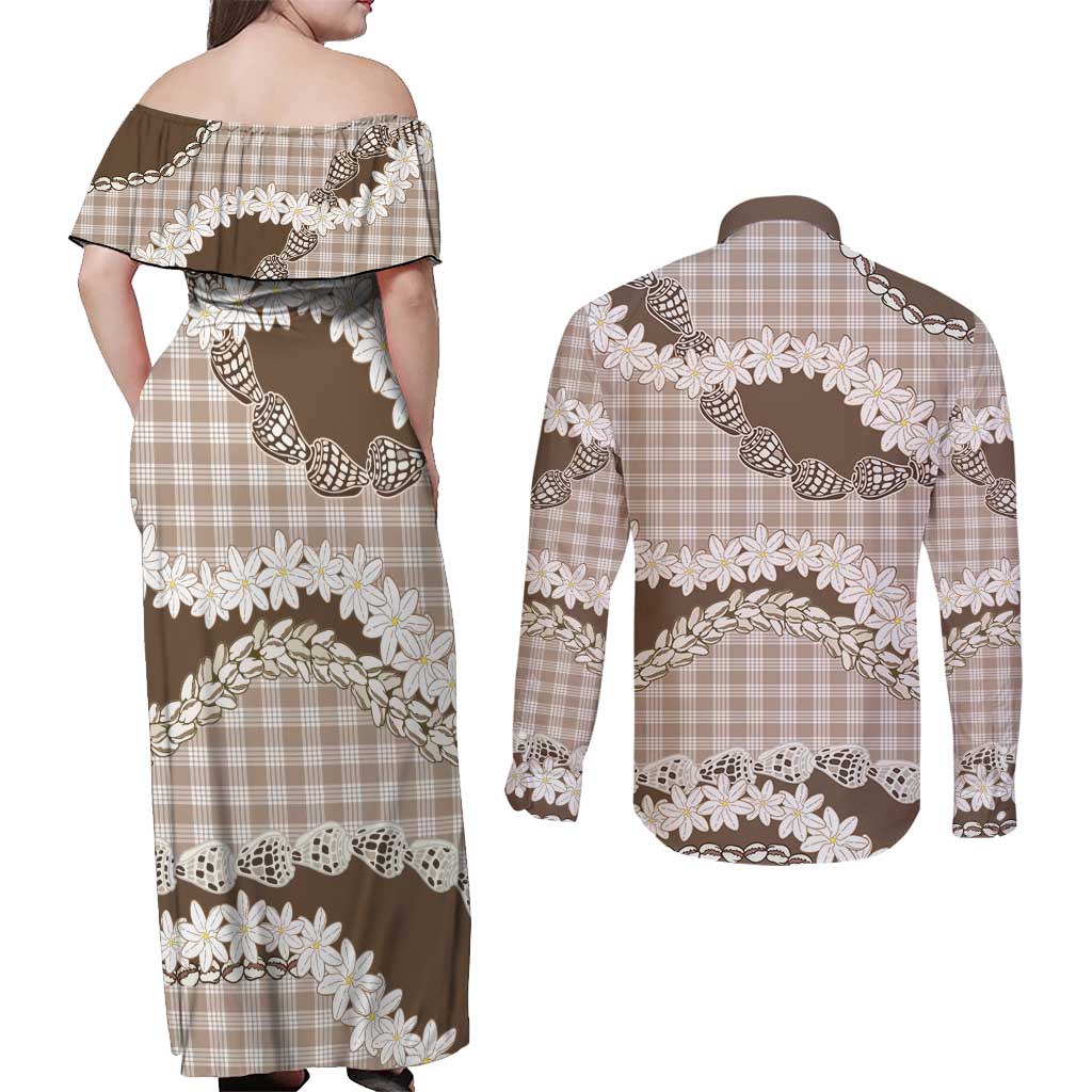 Brown Hawaii Tiare and Shell Lei Couples Matching Off Shoulder Maxi Dress and Long Sleeve Button Shirt Hawaiian Palaka Luxury Vibes LT14 - Polynesian Pride