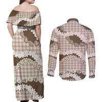 Brown Hawaii Tiare and Shell Lei Couples Matching Off Shoulder Maxi Dress and Long Sleeve Button Shirt Hawaiian Palaka Luxury Vibes LT14 - Polynesian Pride