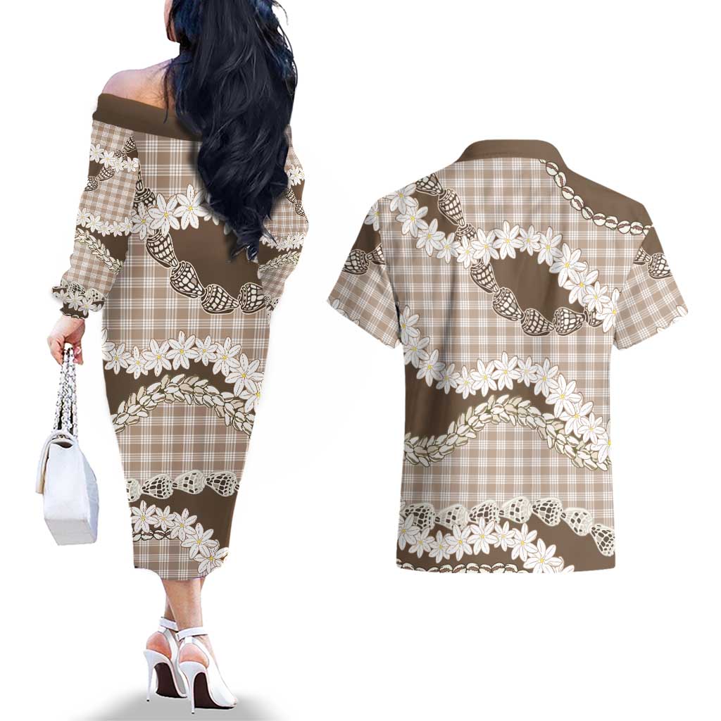 Brown Hawaii Tiare and Shell Lei Couples Matching Off The Shoulder Long Sleeve Dress and Hawaiian Shirt Hawaiian Palaka Luxury Vibes - Polynesian Pride