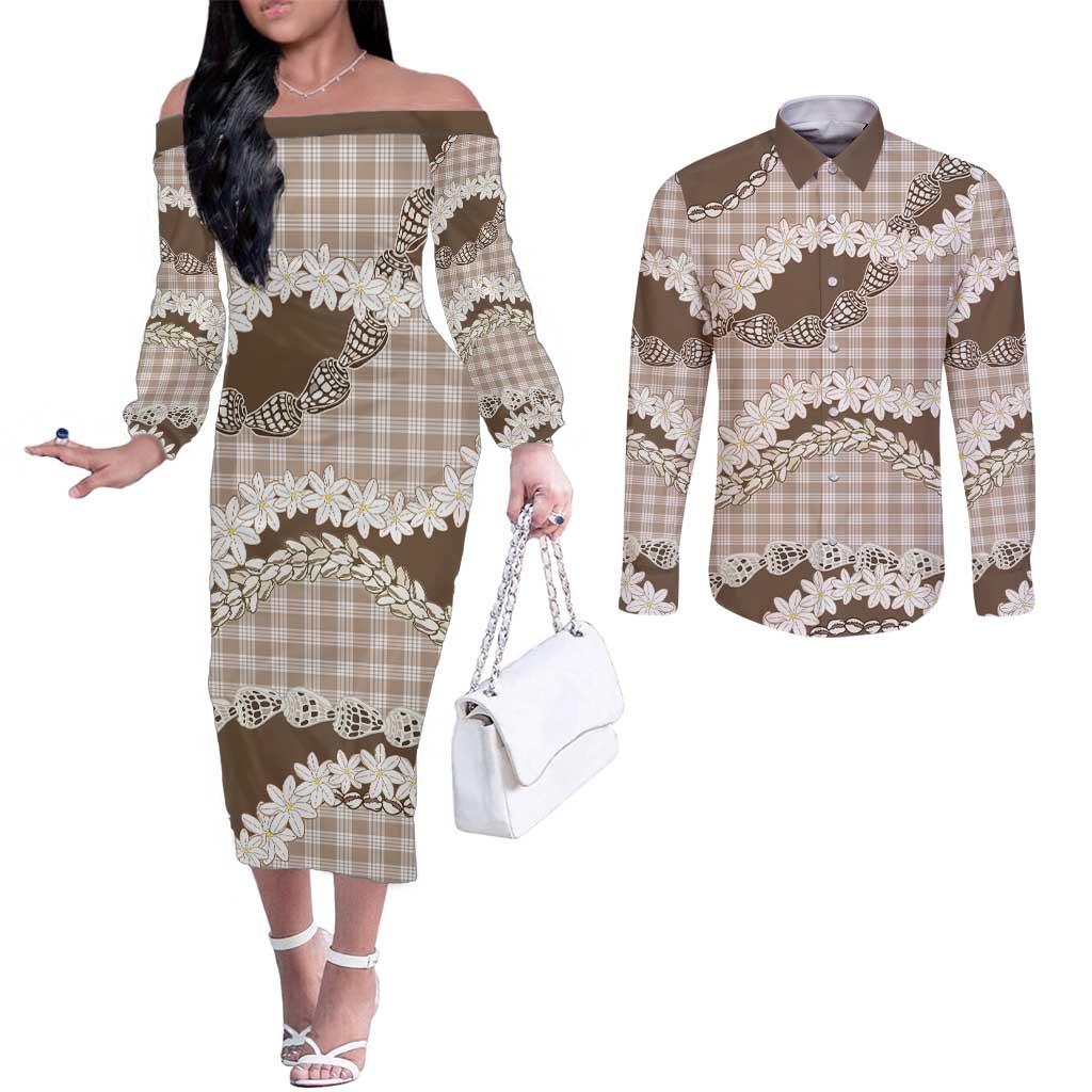 Brown Hawaii Tiare and Shell Lei Couples Matching Off The Shoulder Long Sleeve Dress and Long Sleeve Button Shirt Hawaiian Palaka Luxury Vibes - Polynesian Pride