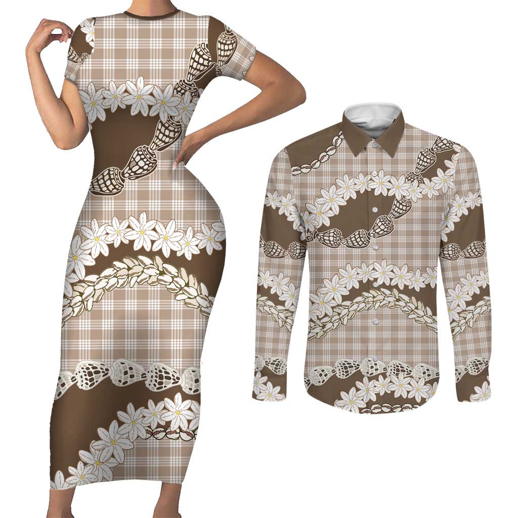 Brown Hawaii Tiare and Shell Lei Couples Matching Short Sleeve Bodycon Dress and Long Sleeve Button Shirt Hawaiian Palaka Luxury Vibes LT14 Brown - Polynesian Pride