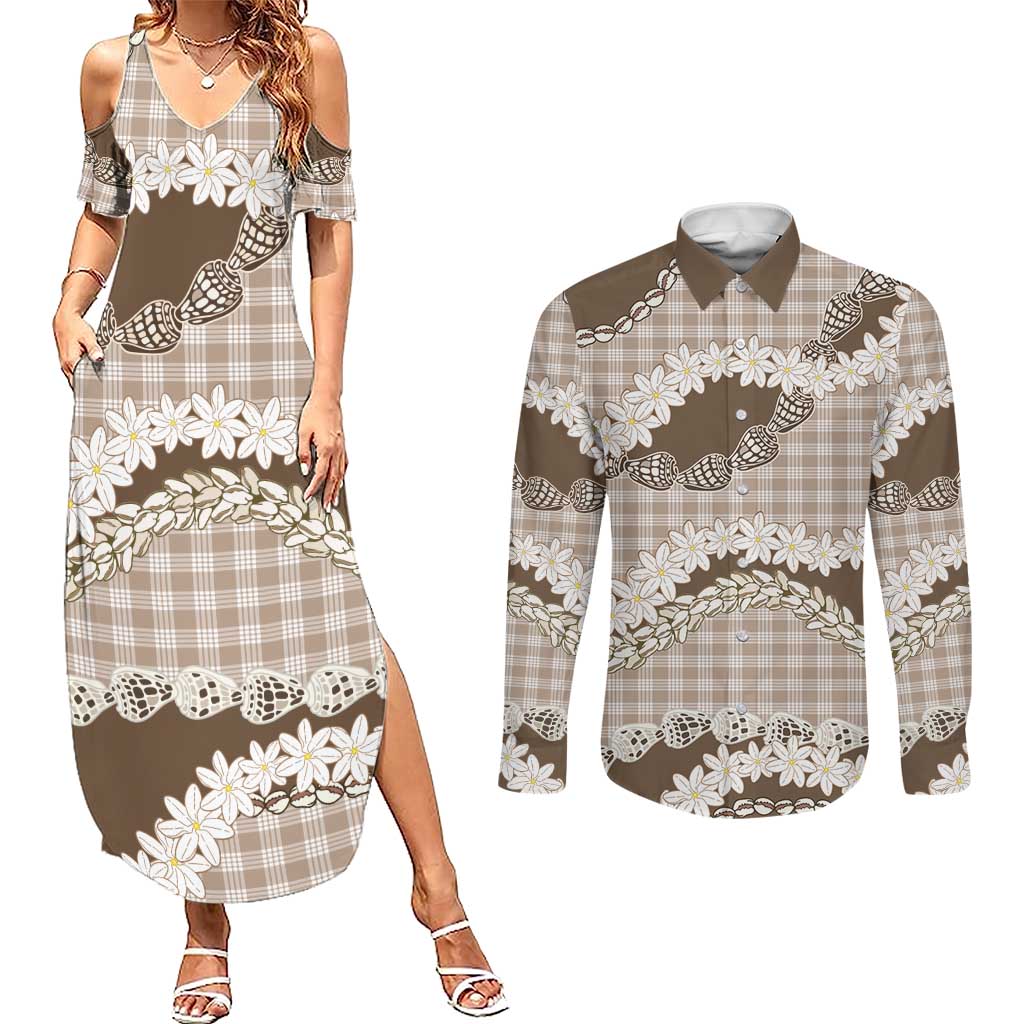 Brown Hawaii Tiare and Shell Lei Couples Matching Summer Maxi Dress and Long Sleeve Button Shirt Hawaiian Palaka Luxury Vibes - Polynesian Pride