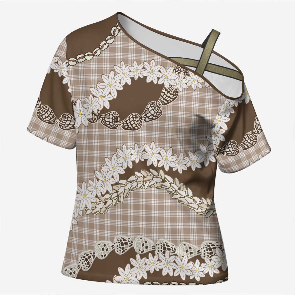Brown Hawaii Tiare and Shell Lei Cross Shoulder Shirt Hawaiian Palaka Luxury Vibes - Polynesian Pride