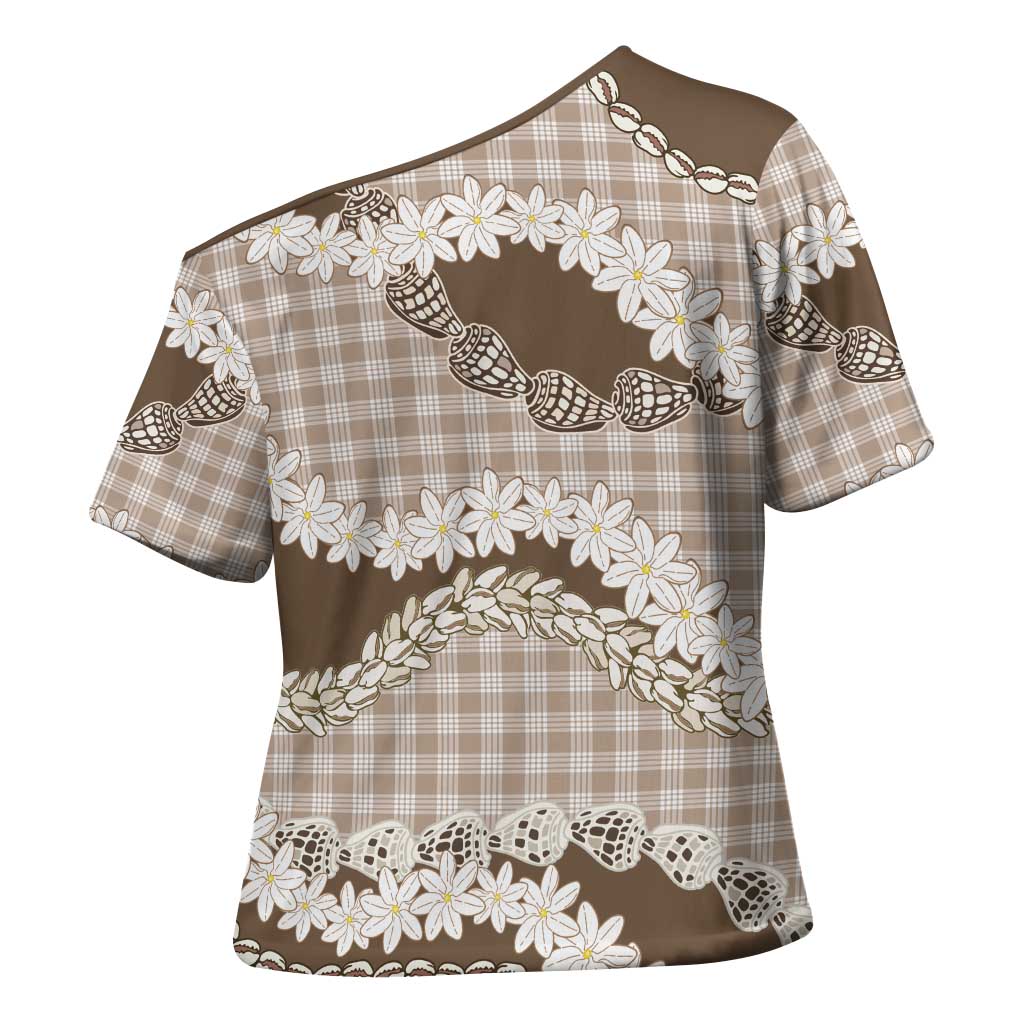 Brown Hawaii Tiare and Shell Lei Cross Shoulder Shirt Hawaiian Palaka Luxury Vibes - Polynesian Pride