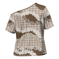Brown Hawaii Tiare and Shell Lei Cross Shoulder Shirt Hawaiian Palaka Luxury Vibes - Polynesian Pride