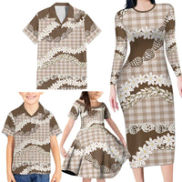 Brown Hawaii Tiare and Shell Lei Family Matching Long Sleeve Bodycon Dress and Hawaiian Shirt Hawaiian Palaka Luxury Vibes - Polynesian Pride