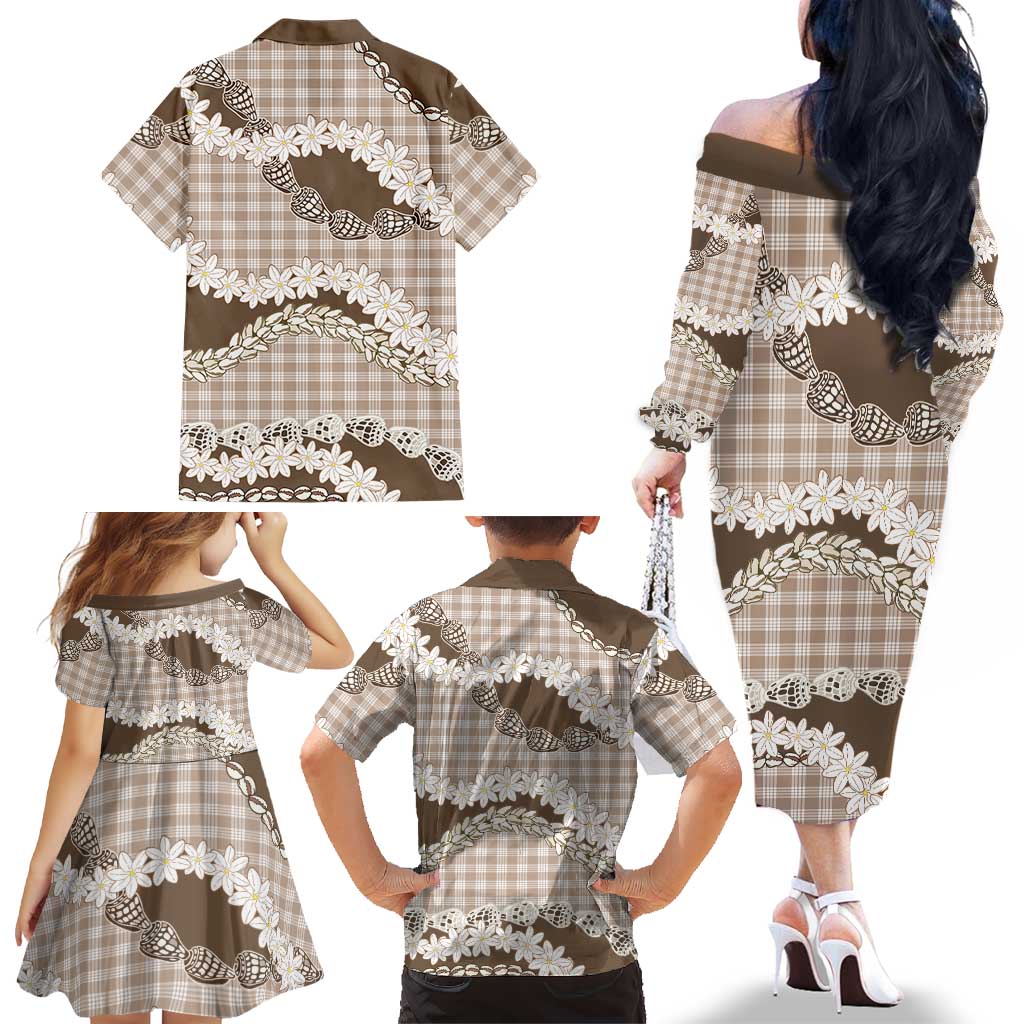 Brown Hawaii Tiare and Shell Lei Family Matching Off The Shoulder Long Sleeve Dress and Hawaiian Shirt Hawaiian Palaka Luxury Vibes - Polynesian Pride