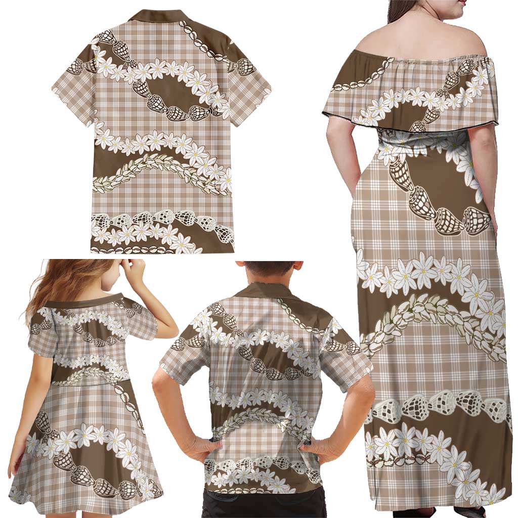 Brown Hawaii Tiare and Shell Lei Family Matching Off Shoulder Maxi Dress and Hawaiian Shirt Hawaiian Palaka Luxury Vibes - Polynesian Pride